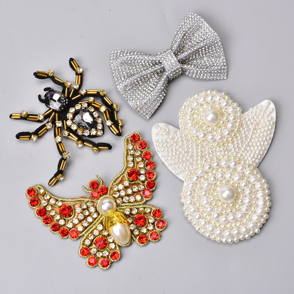 2Pcs 3D Handmade Beaded Rhinestone Patches Diamond Applique  Bow Butterfly Spider Shoes Flower Sew On Crystal Patch For Clothing