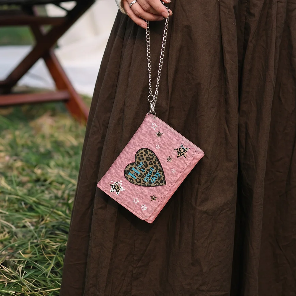 Cute Heart Leopard Print Card Holder Wallet with Chain Strap Embroidered Star Decor Mini Coin Purse for Women Girls Daily Casual