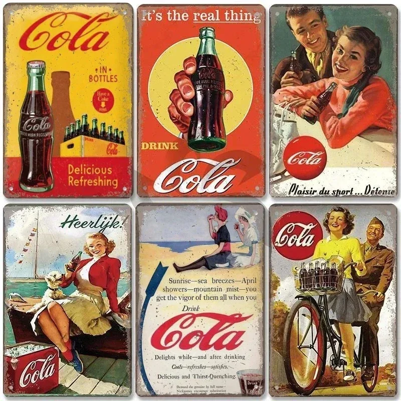 Vintage Cola Getränke Poster Metallschilder Mädchen trinken Cola Flaschen Metallplatte Wanddekoration für Bar Pub Club Restaurant