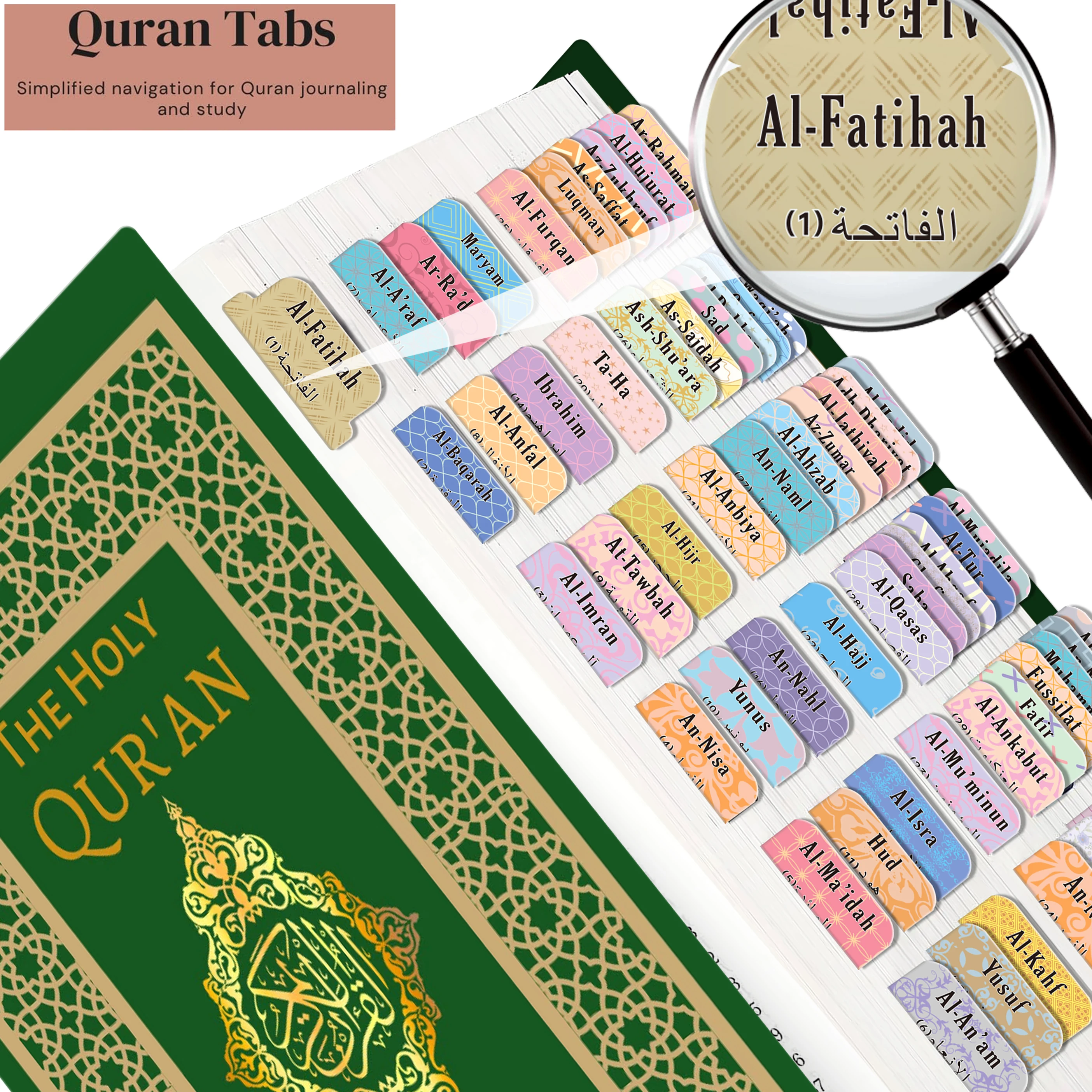120 علامة تبويب للكتب المقدسة ذاتية اللصق باللغة الإنجليزية والعربية - ملصقات تنظيم سورة مقاومة للتمزق مع تصميمات إسلامية وهدايا إسلامية