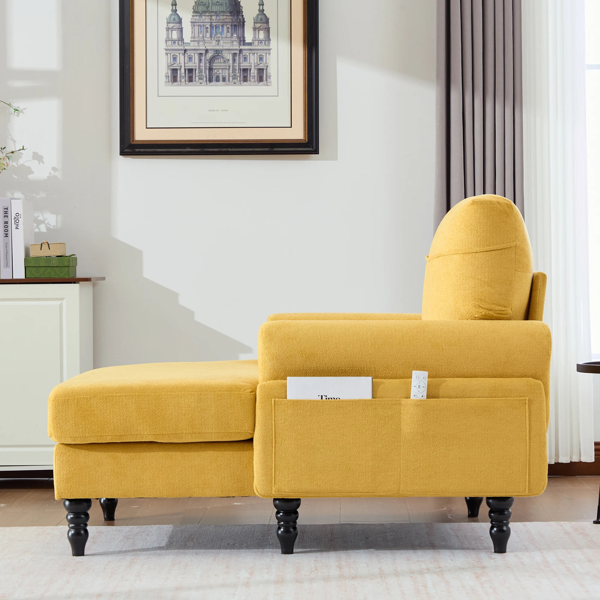 Moderner minimalistischer Samt-Loungesessel, Schlafzimmer-Einzelsofa mit Holzbeinen, bequemer Rückenlehne und Armlehnen – Detail 17
