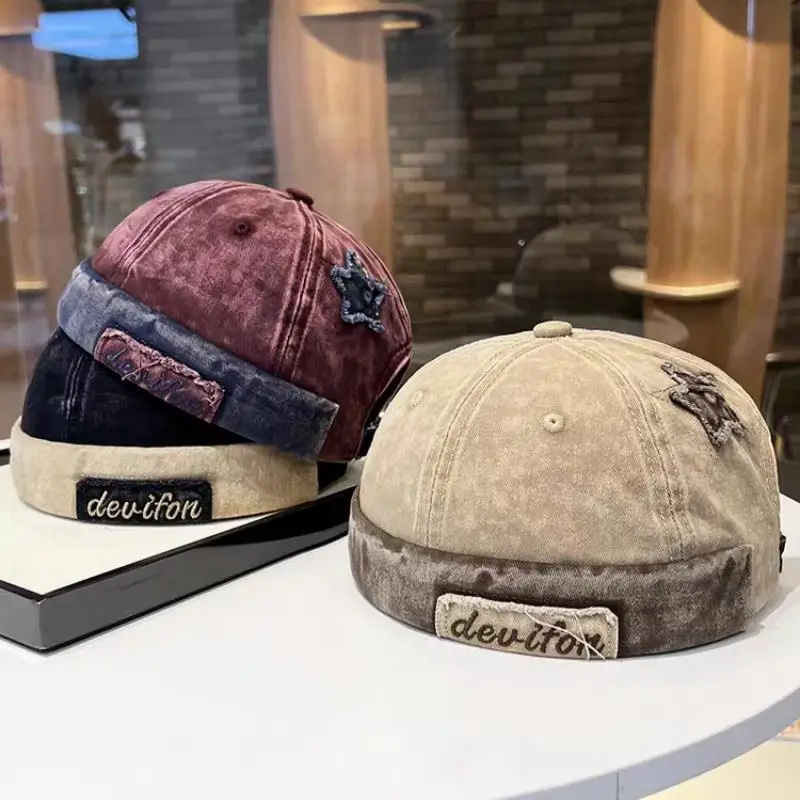 

Unisex Washed Color Brimless Caps Star Splicing Docker Cap Letter Adjustable Beanie Hat Vintage Style Hip Hop Hats