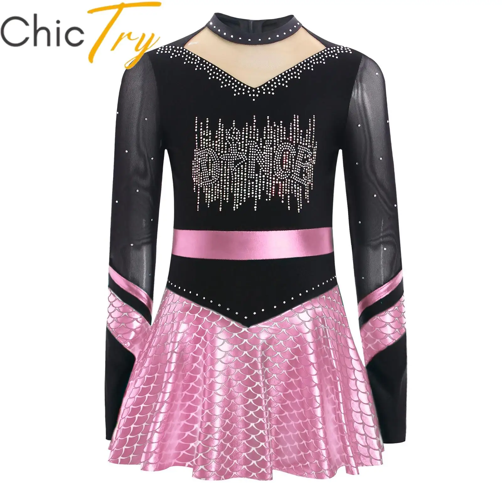 Kids Girls Ballet Dance Dress Gymnastics Dance Leotard Ballerina Costume Fish Scales Rhinestones Cheerleading Ice Skating Dress