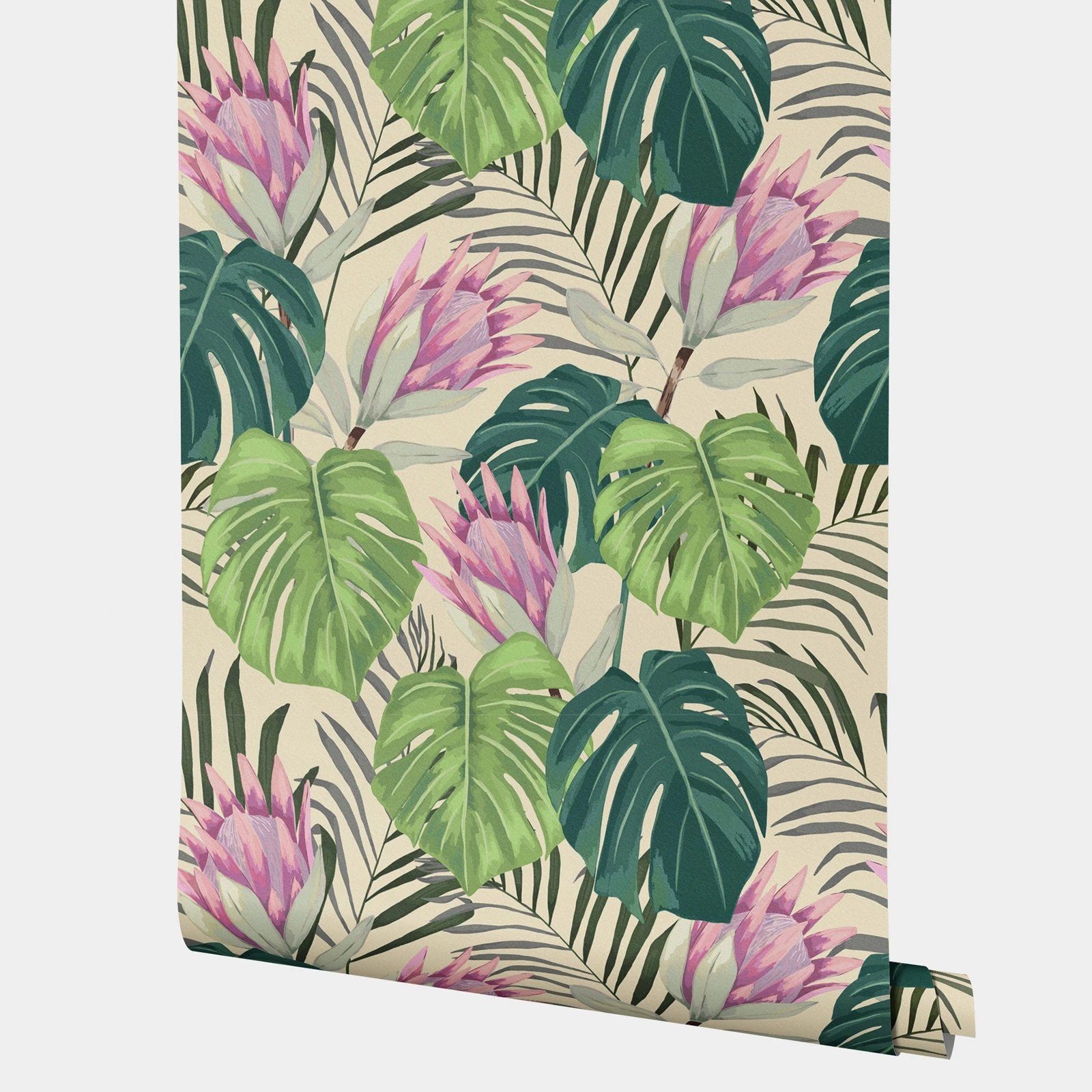 Monstera Bedroom Sticker Wallpaper, Green Leaves Surrounded By Florals Decorative Wall Decals,Mural Paper Design Full Of Life