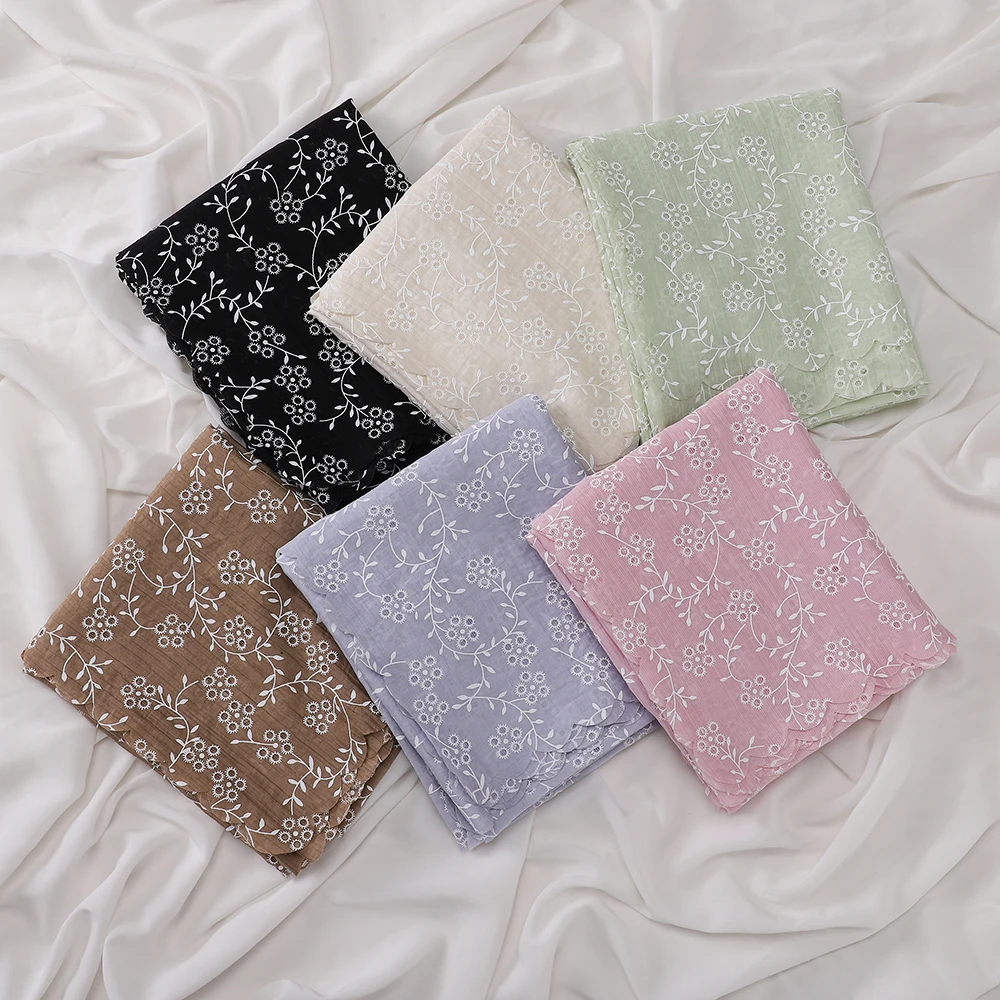 Muslim White Floral Vine Embroidery Hijab Scallop Lace Edge Multi‑color Daily Wear Muslim Headscarf Islamic Shawl