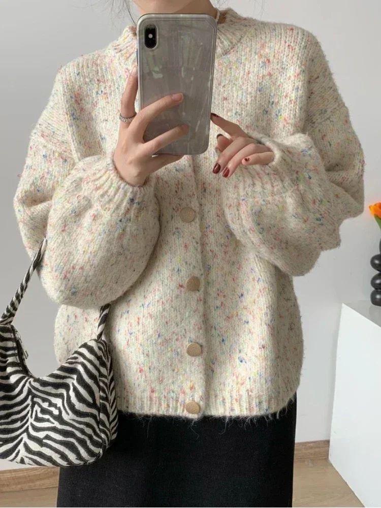 Round Neck Single-breasted Sweater Cardigan Korean Fashion Loose Knitted Cardigan Autumn New Colorful Dot Sweaters for Women