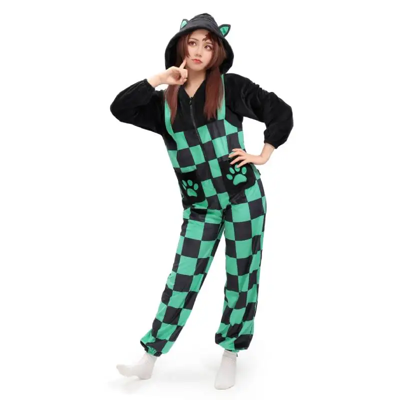 WENAM Tanjiro Inspired Onesie Pajamas Adult for Women Kamado Tanjirou Cosplay Onesie Pajamas Hooded Sleepwear Halloween