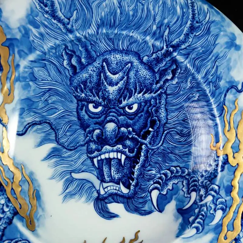 Antique-Style Blue And White Porcelain Dragon Playing With A Pearl, Chinese-Style Ceramic Tabletop Ornament Ashtray Cigar