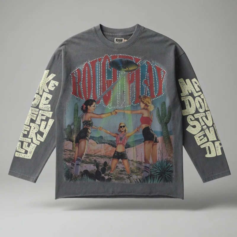 Letter Print Trend Fashion Men's Women's Loose Rough Play Long Sleeved American Retro Washed Grey Top Stock