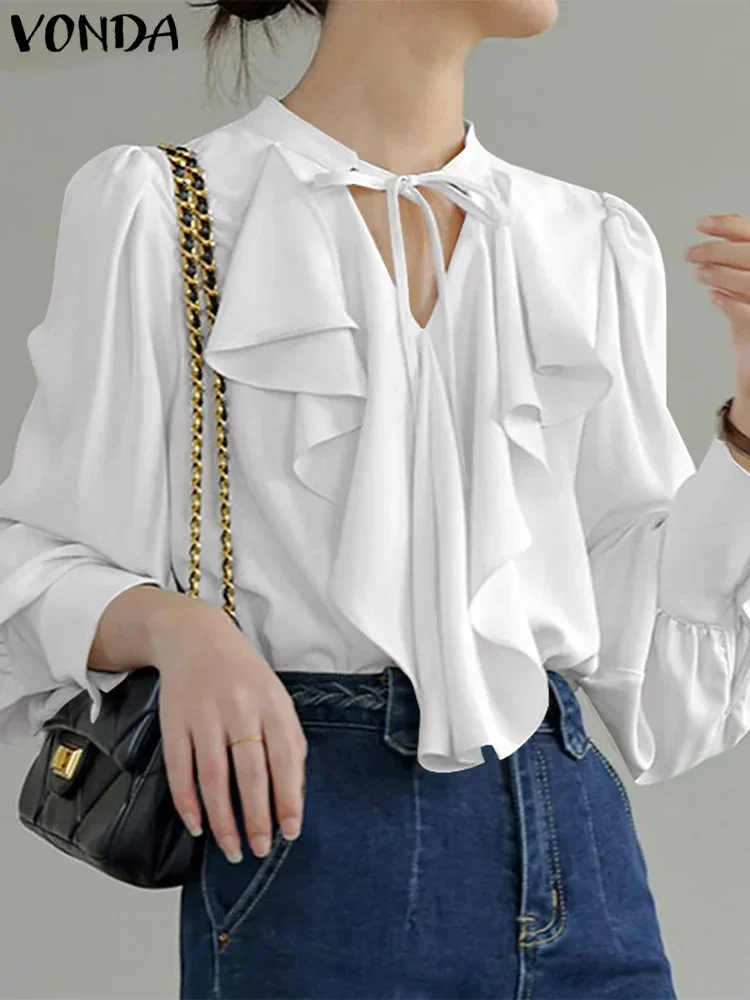 

Элегантная блузка с длинным рукавом, повседневные однотонные рубашки с рюшами на шнуровке, 2025 VONDA, богемные топы с v-образным вырезом, большие блузки