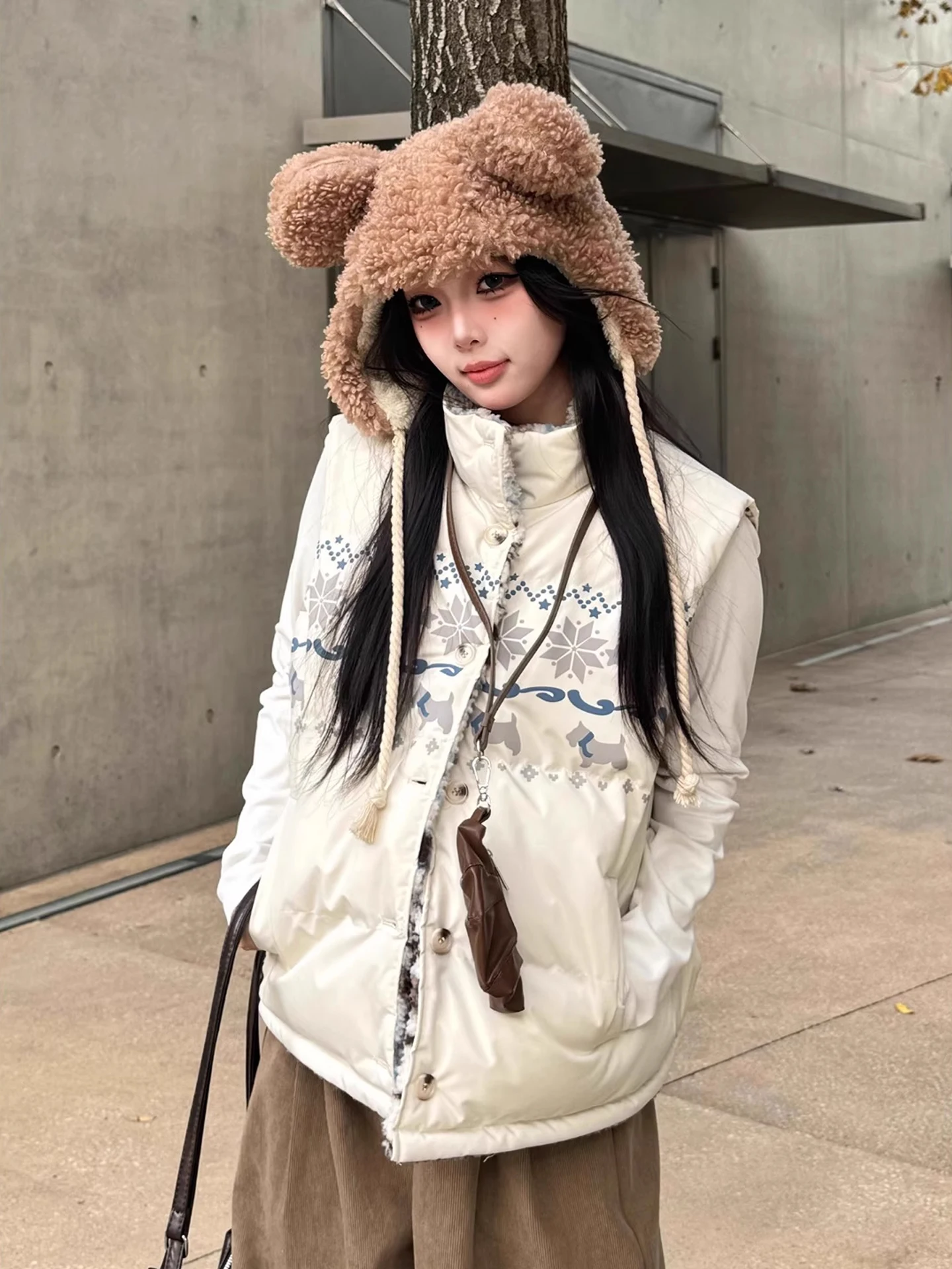 

Double-Sided American Retro Fair Isle Thiened Warm Cotton Jaet Men's Women's Winter Color Colion Fluffy Snowflake Patt...