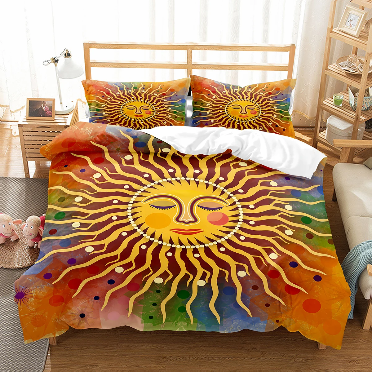 

Sun Pattern Duvet Cover Set Double Single Full Size Bohemian Style Bedding Set for Teens Adults Bedroom Decor with Pillowcase