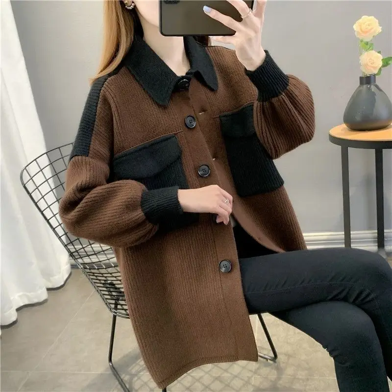 Knitted Material New Design Knitted Cardigan Women Contrasting Color Mid-length Loose Lazy Style Large Version Coat Sweater