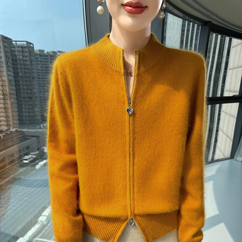 الخريف والشتاء المنك الكشمير سترة المرأة سستة أعلى الصوف محبوك سترة معطف