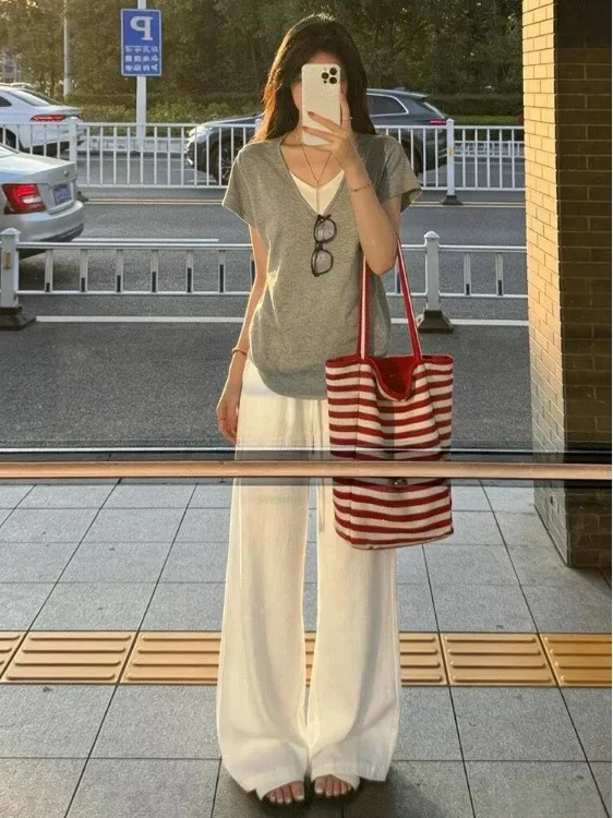 

Summer Fashion Korean Style Light Maturity Unique Design Breathable Lightweight Short Sleeve T-Shirt And High Waist Pants Set