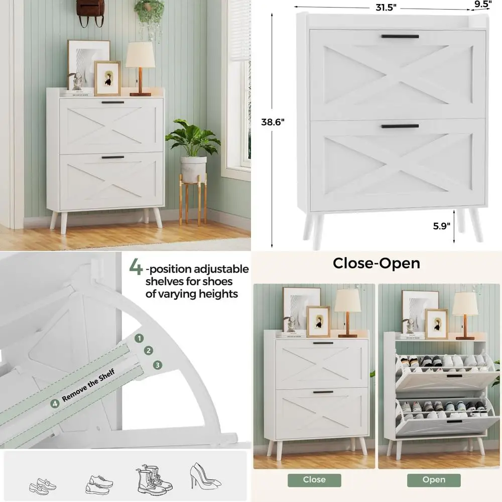 

Современный шкаф для хранения обуви с дверью сарая и откидными ящиками, регулируемые полки для тонкой узкой обуви, стиль фермерского дома 32 Вт