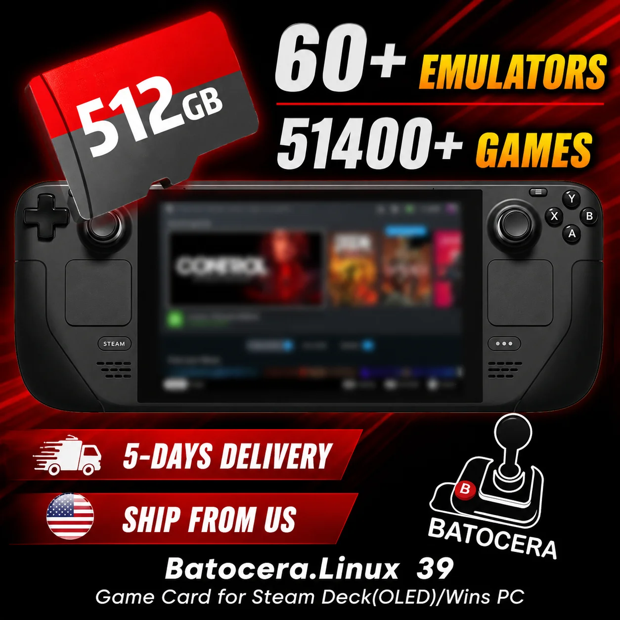 Latest Batocera 39 OS 512GB Game TF Card for Steam Deck/Windows PC/Win600 Retro Game Console with 51400+ Games for PS3/PS2/PS1/N64