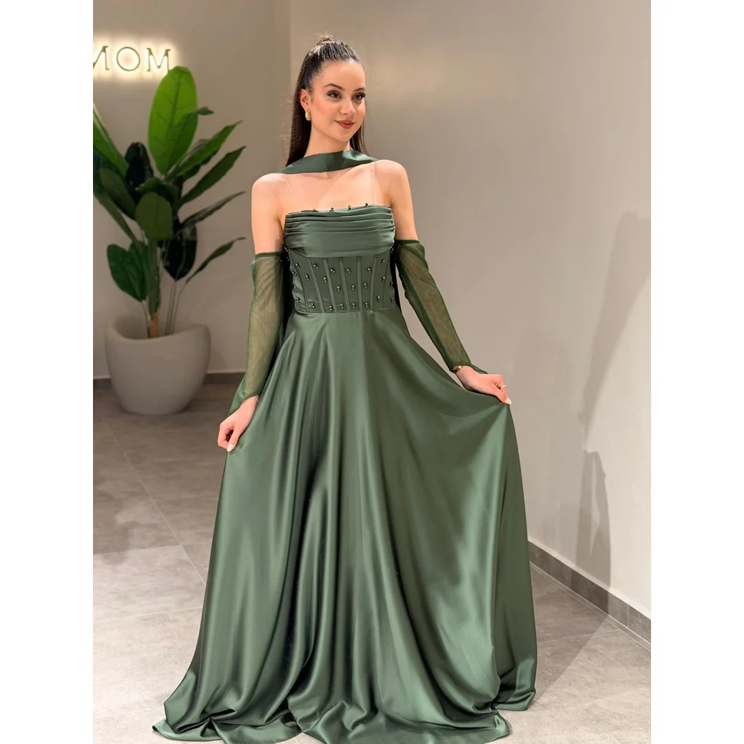 

Sara Custom Green A Line Beaded Floor Length Women's Wedding Evening Dress for Event Elegant Dress Luxury Wedding Guest Dresses