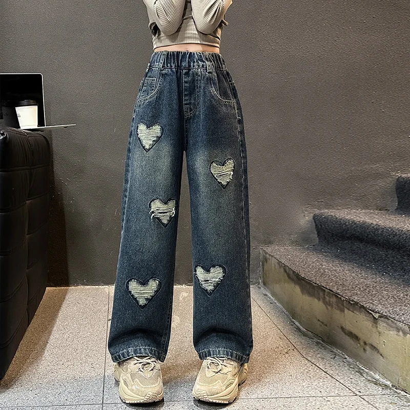 Girls Jeans Spring and Autumn New Children\'s Straight Pants Children\'s Pants Korean Wide Leg Pants
