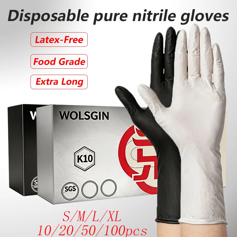 10/20/50/100 Disposable Black/White Nitrile Gloves, 11.4-Inch Extra-Long, Powder-Free, for Cleaning and Food Handling