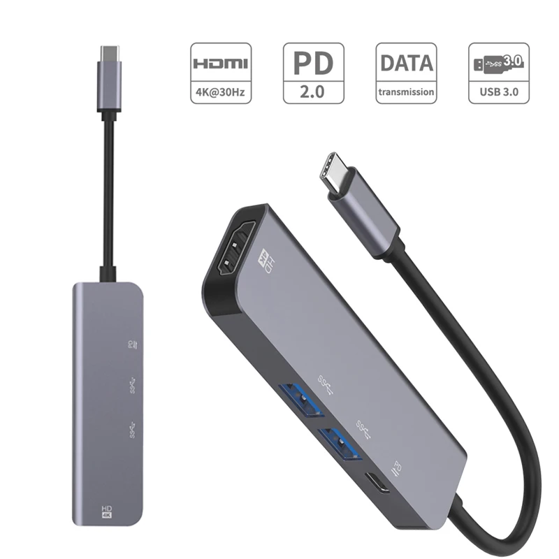 

USB-концентратор, коммутатор разделения HDMI-совместимый адаптер-сплиттер, док-станция для ноутбука, Type-C к HDMI-совместимому игровому адаптеру 4K @ 30 Гц
