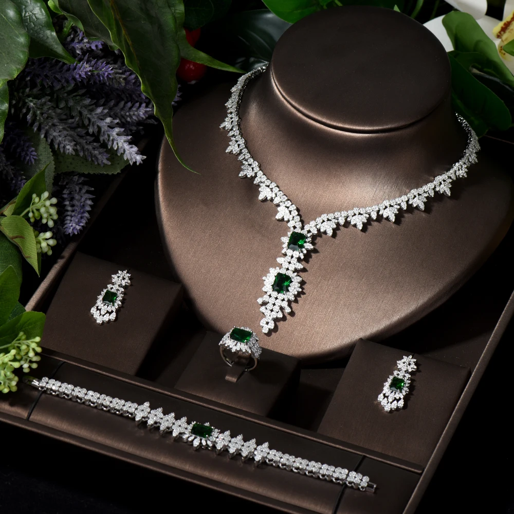 

HIBRIDE Shiny Green Color Cubic Zirconia African Jewelry Sets for Women Bridal Wedding Party Accessories bisuteria mujer S-009