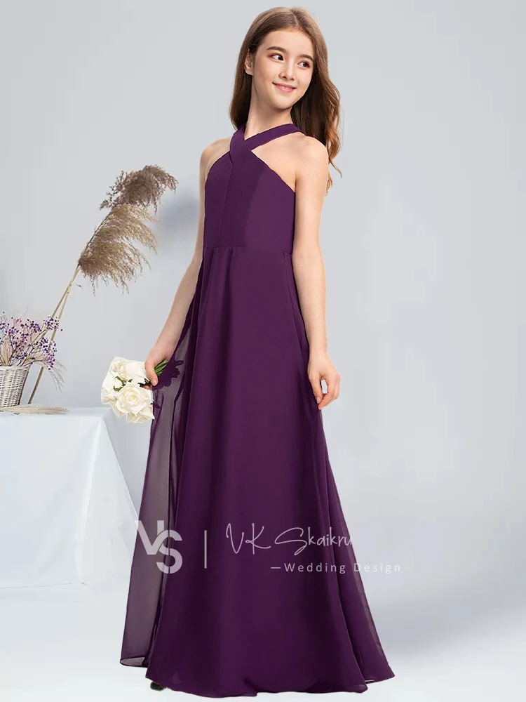 A-line Halter Floor-Length Chiffon Junior Bridesmaid Dress Grape Flower Girl Dress Party for Kids Communion Dress for Juniors