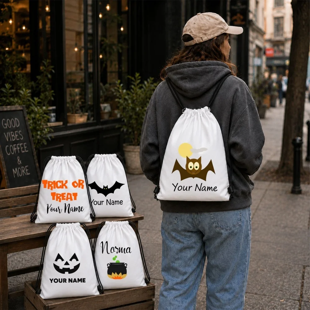 5 PCS Personalized Name Halloween Drawstring Bags Custom Bat Pumpkin Print Cotton Drawstring Backpack Trick or Treat Candy Sacks