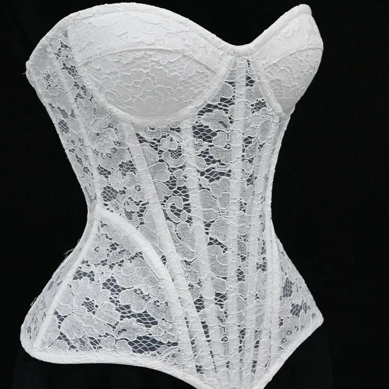 

Steel Bone White Lace Corset V-Neck Top Sexy Sheer Bustier Women Overbust Pure Color Waist Shapewear Lingerie