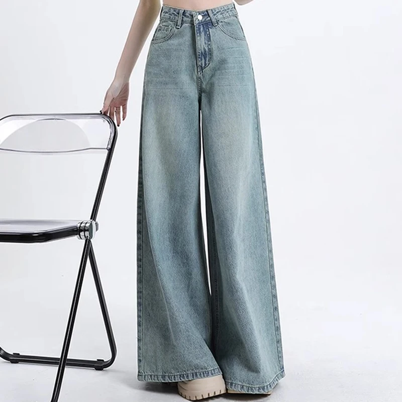 Women High Waist Korean Slacks Wide Leg Jeans Girls Punk 90s Vintage Denim Straight Leg Pants Female Light Blue Baggy Trousers