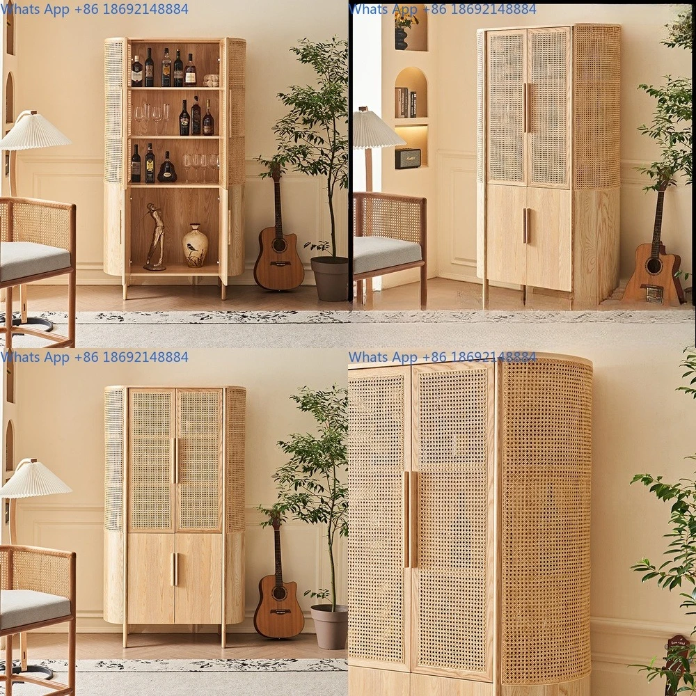 

Woven Cabinet Door Display Wine Cabinet Nordic Style Multi Functional White Ash Wood Double Door Multi Layer Storage Cabinet