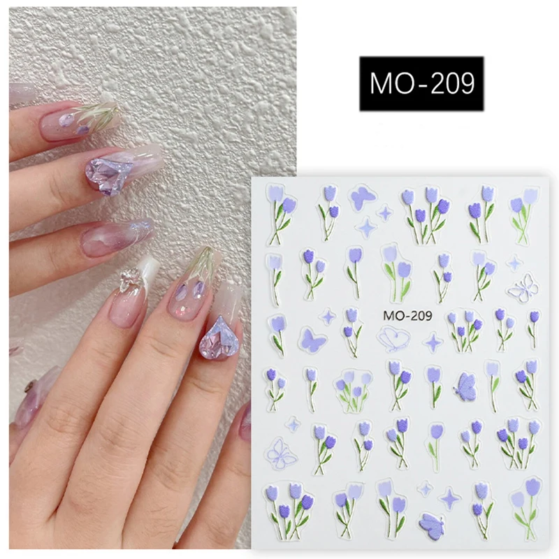 5D Embossed Nail Art Decals White Blue Flowers Leaves Adhesive Sliders Nail Stickers Decorations For Manicures