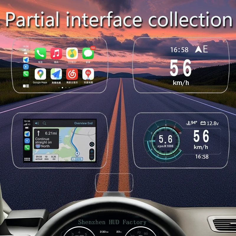 HUD navigator; Gesplitste HUD; snelheidsmeter, hoogtemeter, tijd; Draadloze CarPlay/HiCar/Android Auto schermspiegeling; Luchtbeeld van 2-3 meter; autoweergave; Slimme HUD; HUD-fabriek