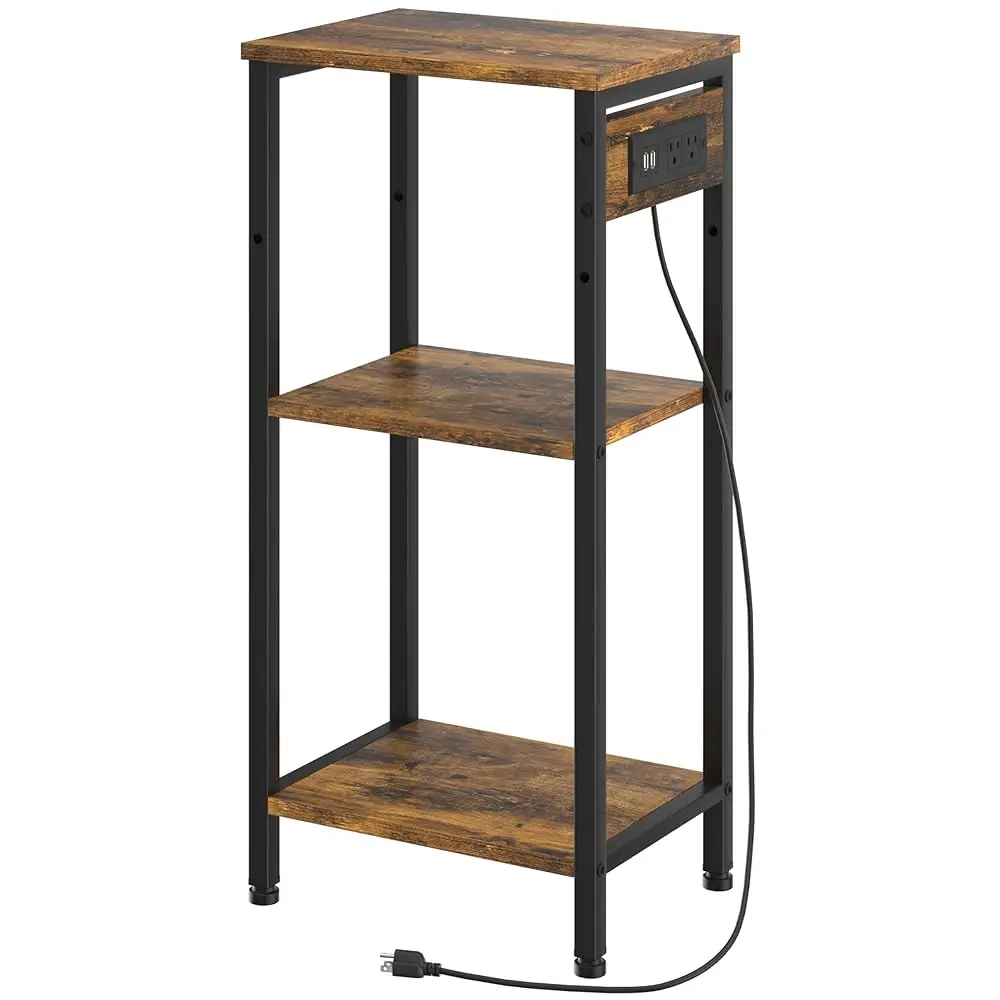

Tall End Table With Charging Station, 3 Tier Narrow Tall Nightstand With Storage, Slim Side Table With Usb Ports And Outlets