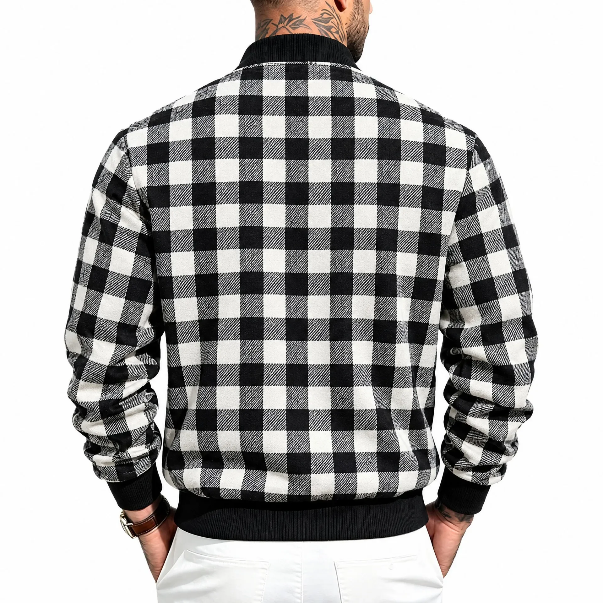New Spring Autumn Stand Collar Zip Up Casual Loose Jackets Men's Classic Plaid Baseball Jackets with Pocket Male Daily Streetwar