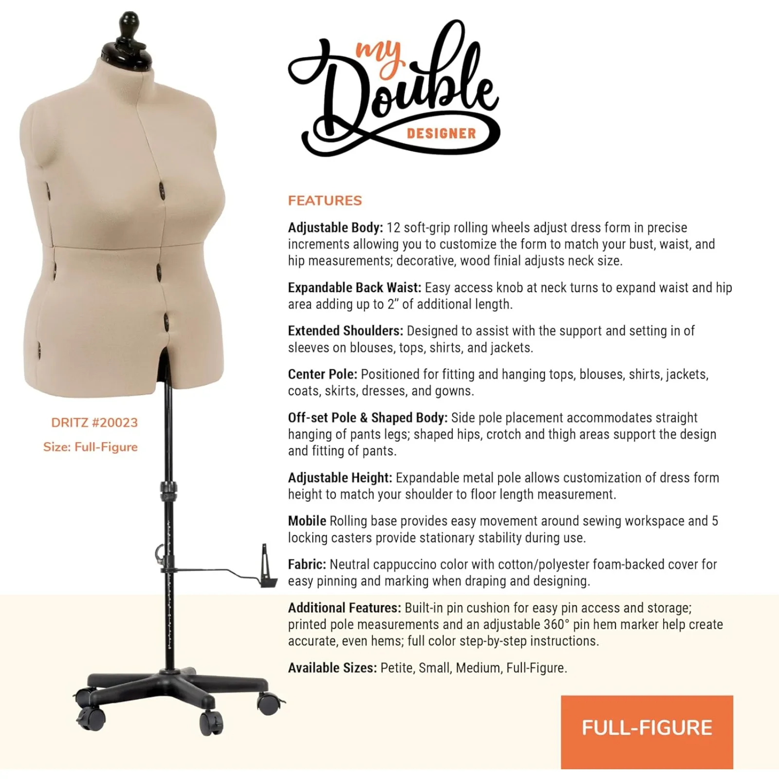 US  Dritz My Double Designer Adjtable Dress Form, Full-Figure, Ivory