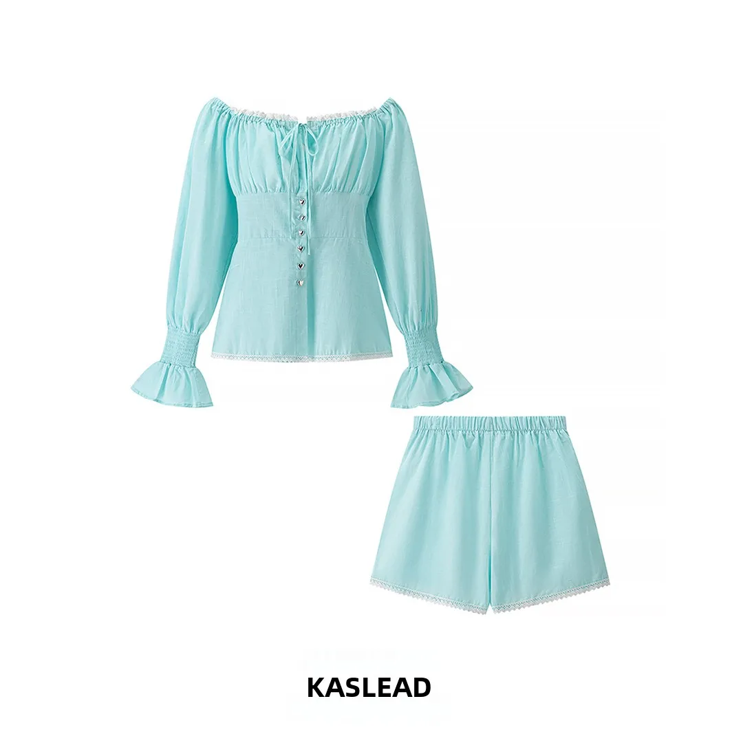 KASLEAD nuevo conjunto Faion para mujer pantalones ort de cintura alta linterna Sve un hombro Top y Bot traje de otoño a juego