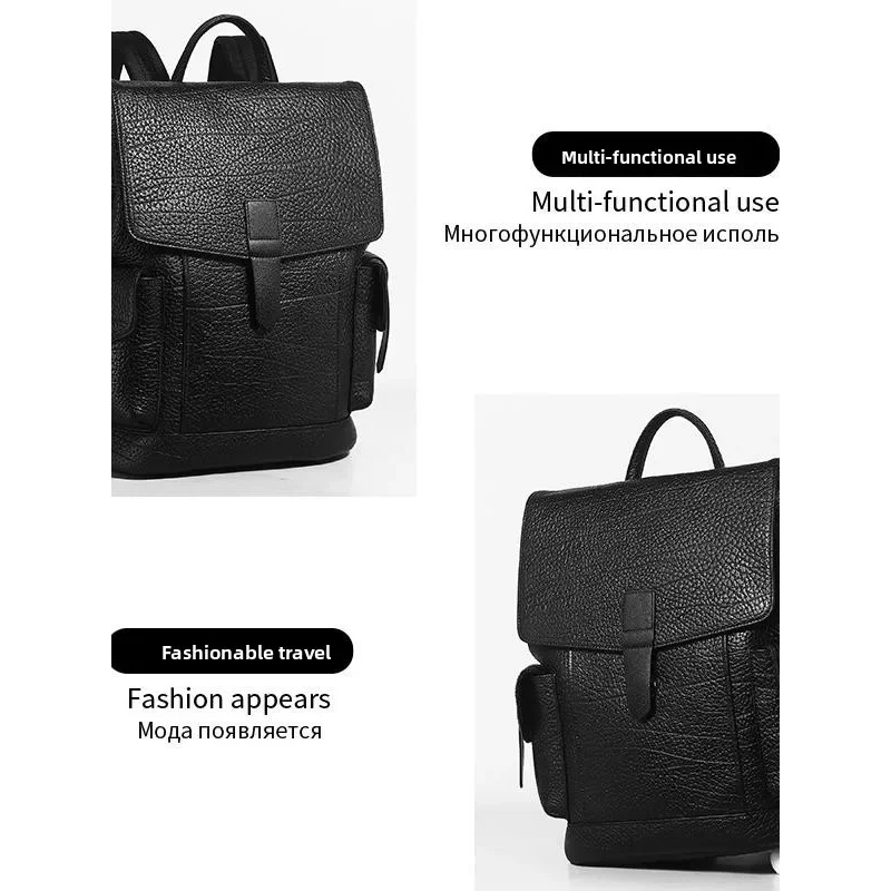 Men Black Genuine Cowhide Leather Backpack with Flap and Side Pockets Vintage Travel Daypack Business Laptop Bag