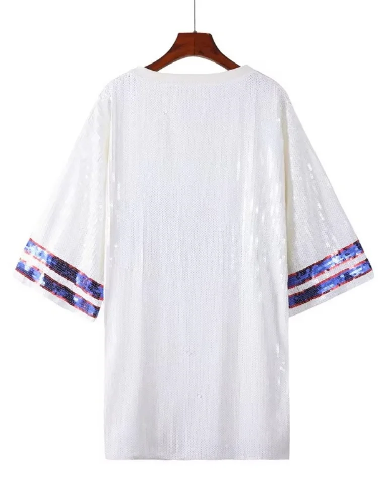 

Новая женская летняя свободная футболка с круглым вырезом, коротким рукавом, пайетками и вставками в стиле хип-хоп для ночного клуба