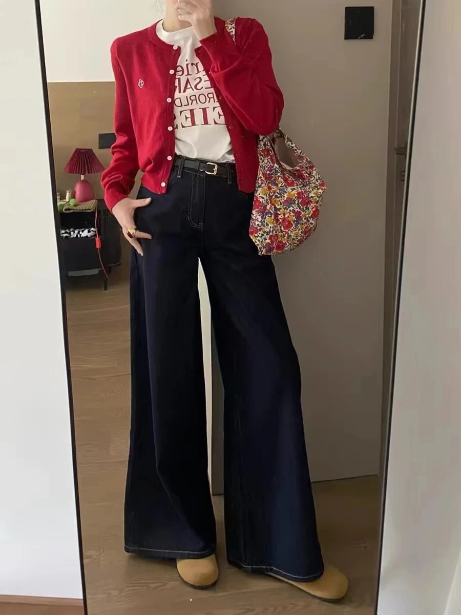 

plus Size Deep Blue Denim Jeans Women High Waist Spring Autumn Loose Wide Leg Pants Straight Cut for Pear aped Body