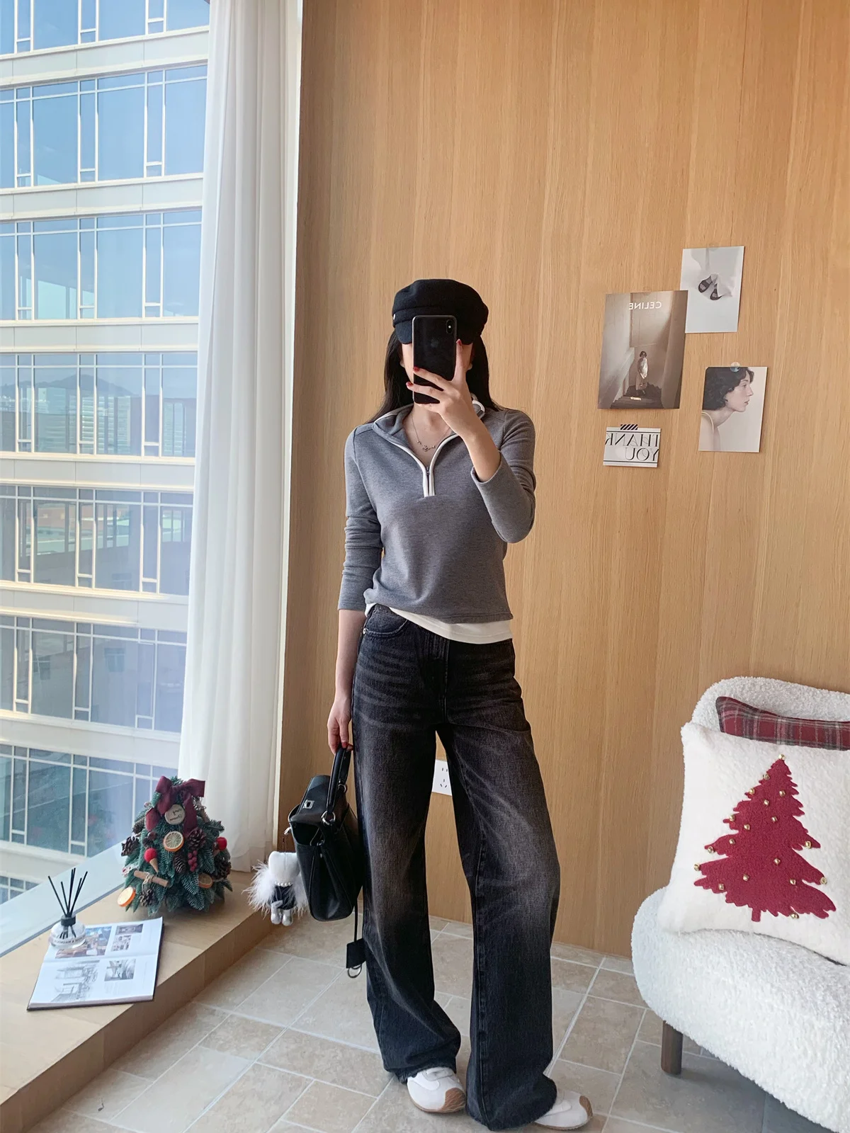 

Retro Waed Bla ey Wide Leg Straight Jeans Flipped Annual Love Casual Cotton l Waist Buttoned Ladies Trousers