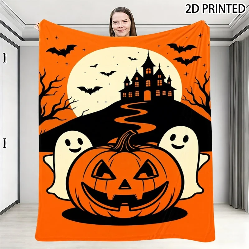 Vibrant Whimsical Halloween Themed Throw Blanket, Featuring Smiling Jack-O'-Lantern, Friendly Ghosts, Haunted House & Full Moon