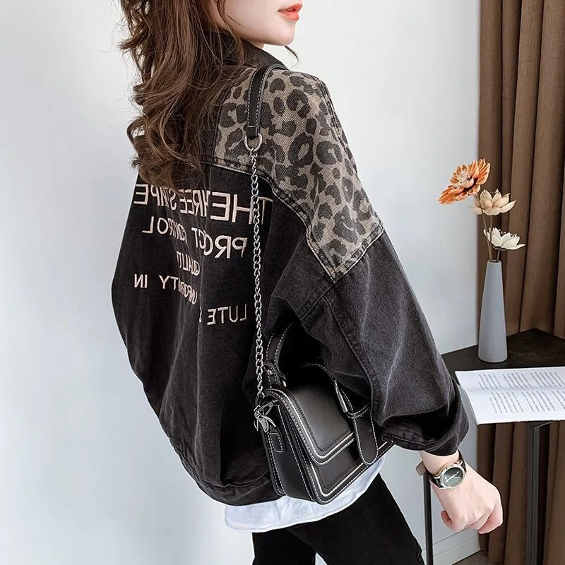 Spring Autumn Trendy Leopard Print Tops 2024 Women Large Size 4XL Printing Denim Coat Korean Ladies Fashion Short Jeans Jacket