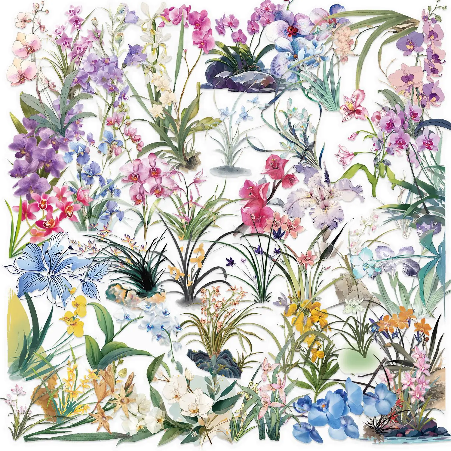 

50PCS Transparent Ins Orchid Graffiti Stickers DIY Waterproof PET Decals Decorative Guitar Notebook Phone Case Toy Gifts Sticker