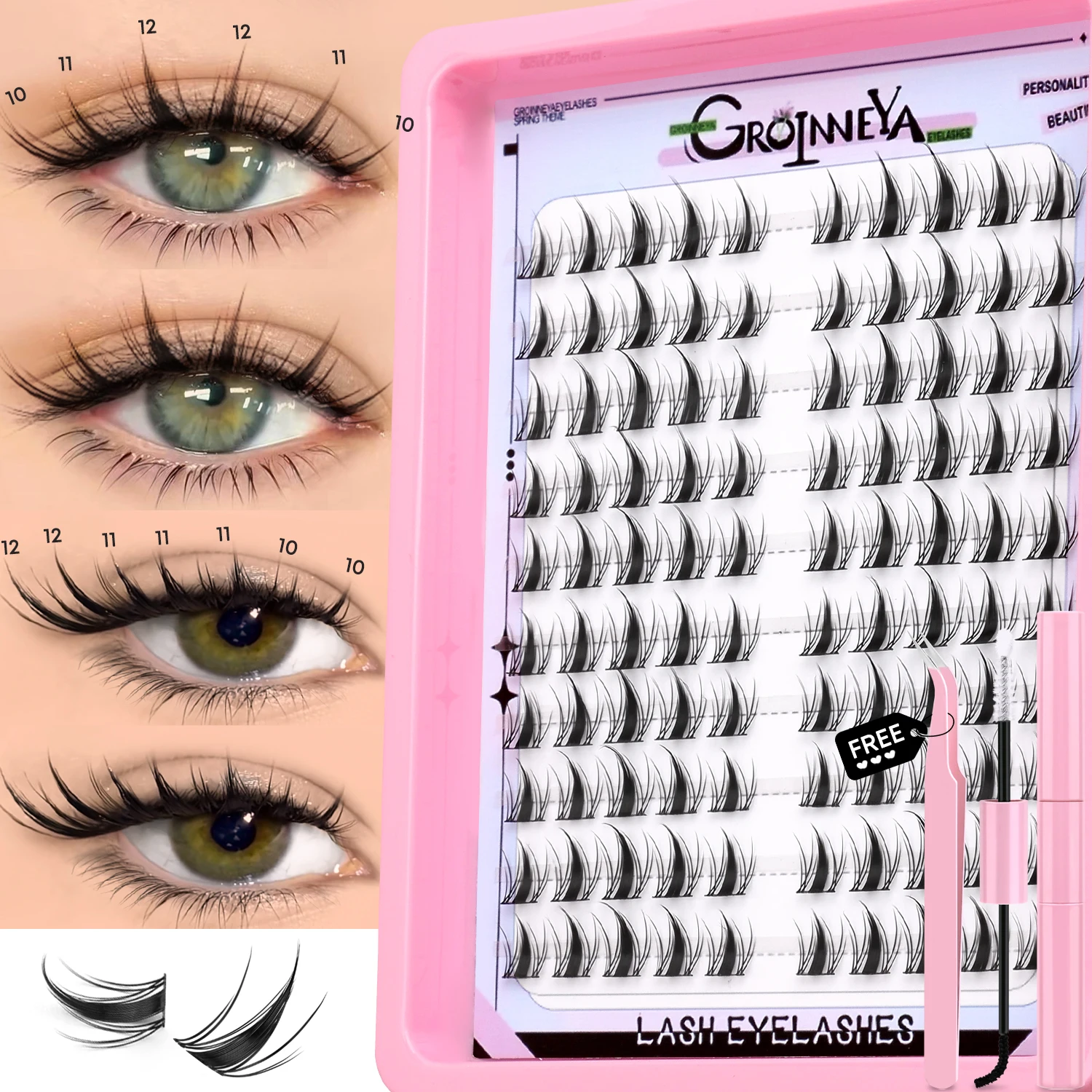 GROINNEYA Ciglia a grappolo Volume naturale Ciglia individuali Vassoio misto Ciglia a grappolo Ciglia naturali fai da te Estensione ciglia