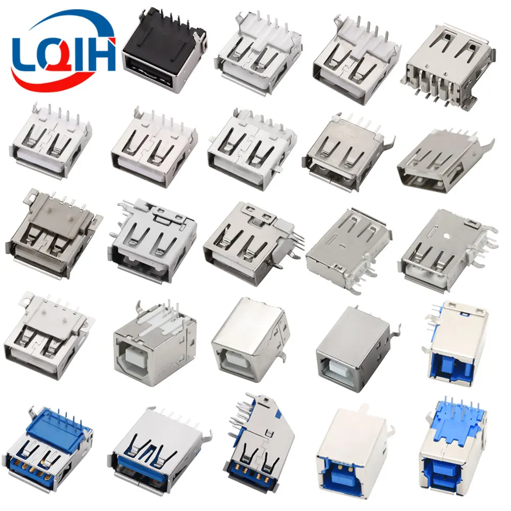 Gorąca sprzedaż Standardowy port USB typu A Żeńskie gniazda lutownicze Złącze PCB Gniazdo typu B 90 stopni Poziome proste wkładanie Łatka