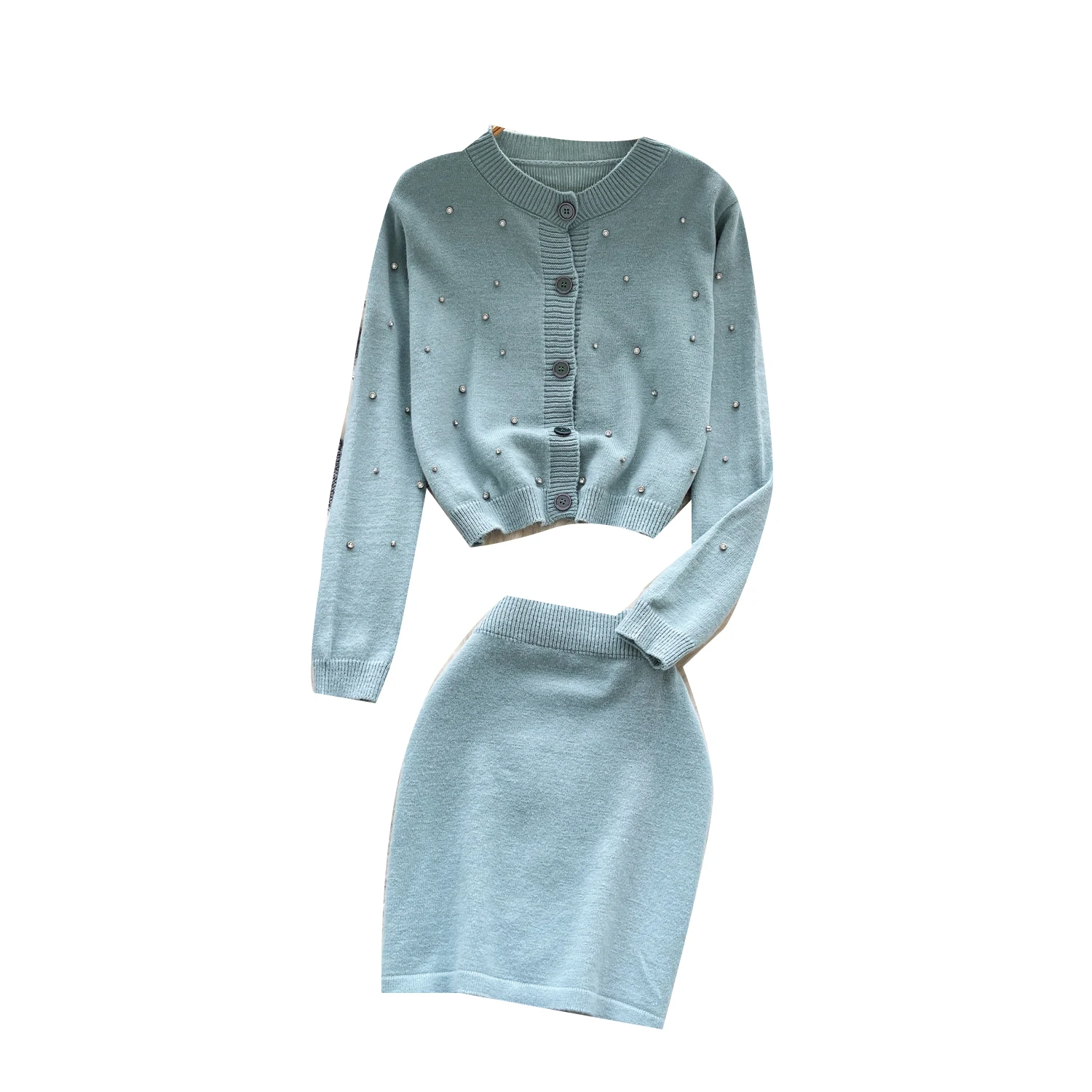 

Вязаная длинная юбка с высокой талией в стиле ретро для женщин, осенний модный комплект из двух предметов Ele Quali