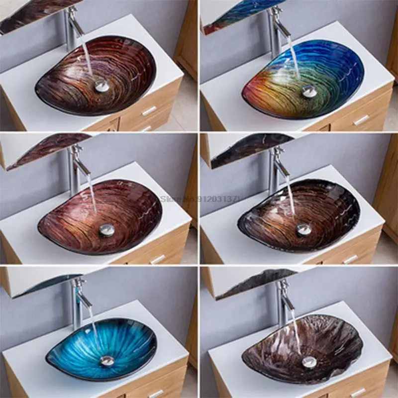 Tempered Glass Bathroom Sink Faucet Set With Sewer Accessories T12* 550*380*170MM Fashion Art Washbasin Bath Above counter Basin