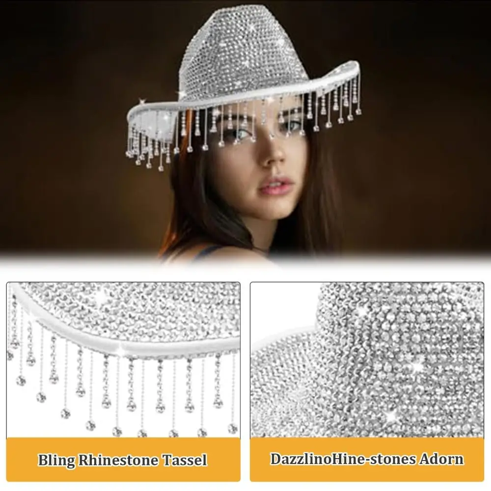 Sun Protection Rhinestone Cowboy Hat Adjustable Strap Tassel Decoration Silver Cowboy Hat Silver Color Rhinestone Cowgirl Hat