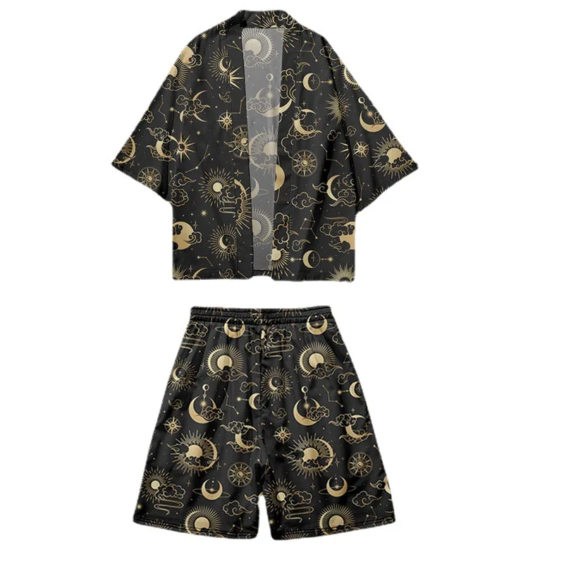 

Japanese Yukata Men Sun And Moon Print Kimono Cardigan Shirt Traditional Kimono And Shorts Set Haori Asian Clothes